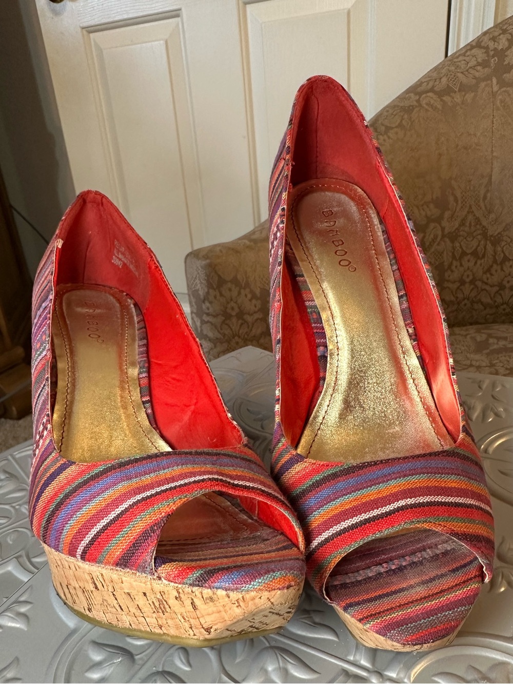 Bamboo Multicolor Striped Cork Platform Peep Toe Heels Size 8.5 Boho Pumps - Picture 9 of 13